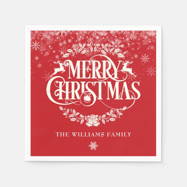 Merry Christmas Winter Snowflakes Family Name Napkin (Front)