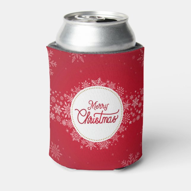 Merry Christmas Winter Snowflakes Red Festive Can Cooler (Can Back)