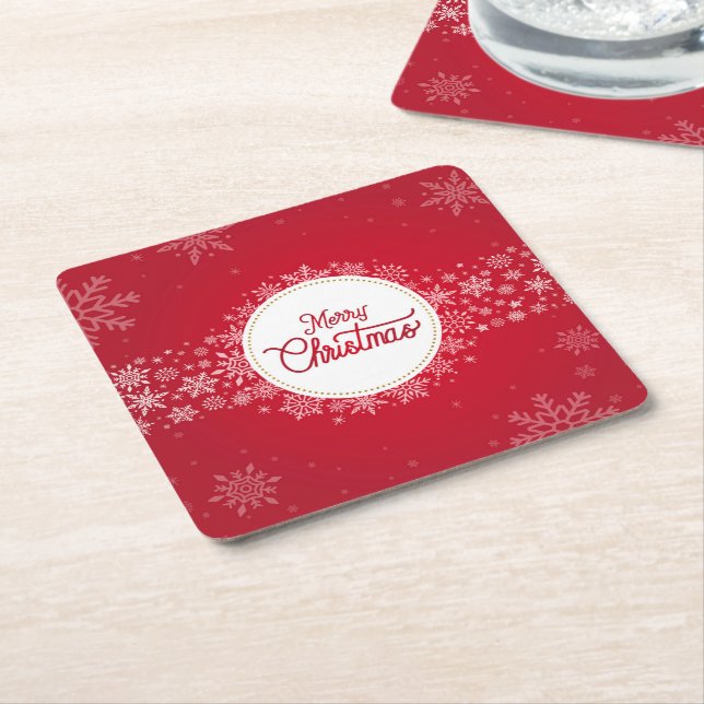 Merry Christmas Winter Snowflakes Red Festive Square Paper Coaster (Angled)