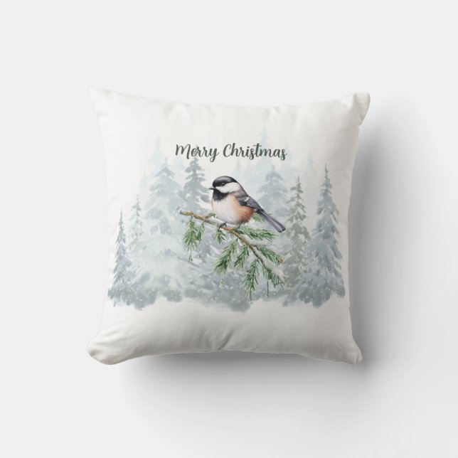 Merry Christmas Winter Spruce Tree Chickadee Cushion (Front)