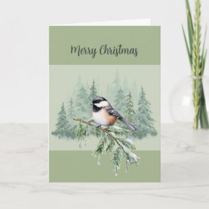 Merry Christmas Winter Spruce Tree Chickadee Holiday Card