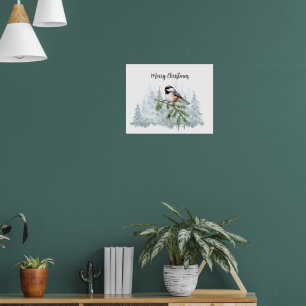 Merry Christmas Winter Spruce Tree Chickadee  Poster