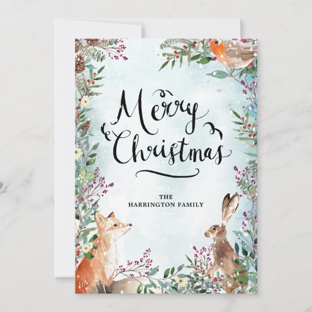 Merry Christmas Winter Woodland Fox Rabbit Card (Front)