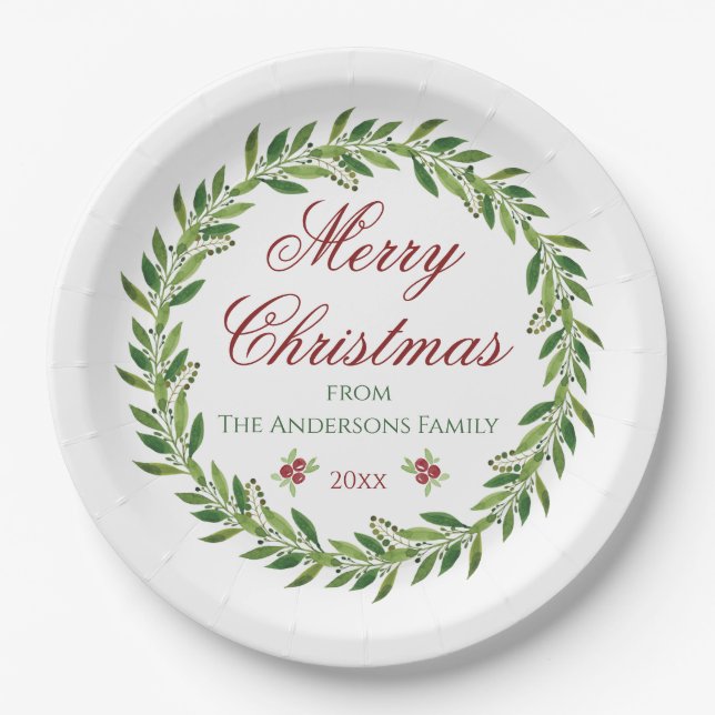 Merry Christmas Winter Wreath Family Paper Plate (Front)