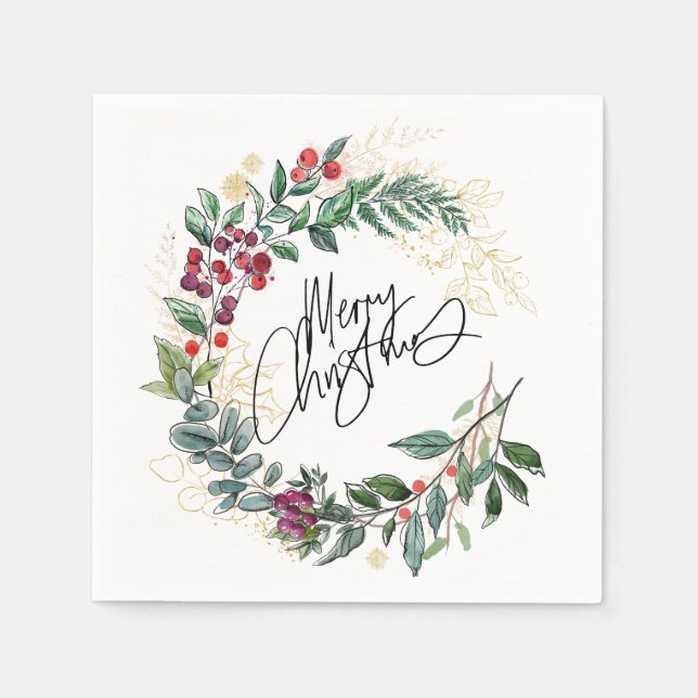 Merry Christmas Winter Wreath Holiday Napkin (Front)