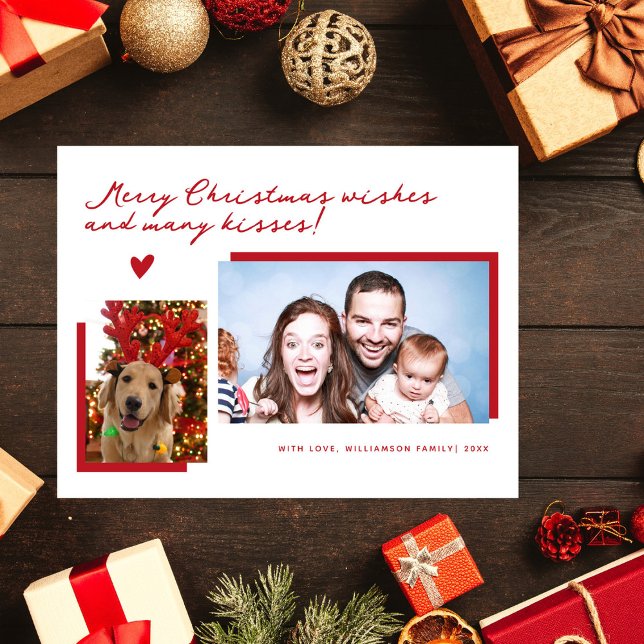 Merry Christmas Wishes & Kisses 2 Photo Collage Holiday Postcard (Creator Uploaded)