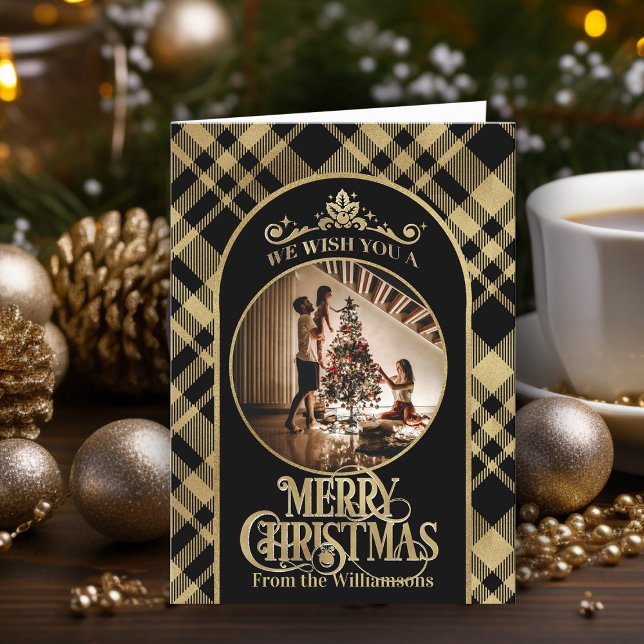 Merry Christmas Wishes Photo Christmas Card (Elegant black and gold Merry Christmas holiday card personalized with photo and family name)