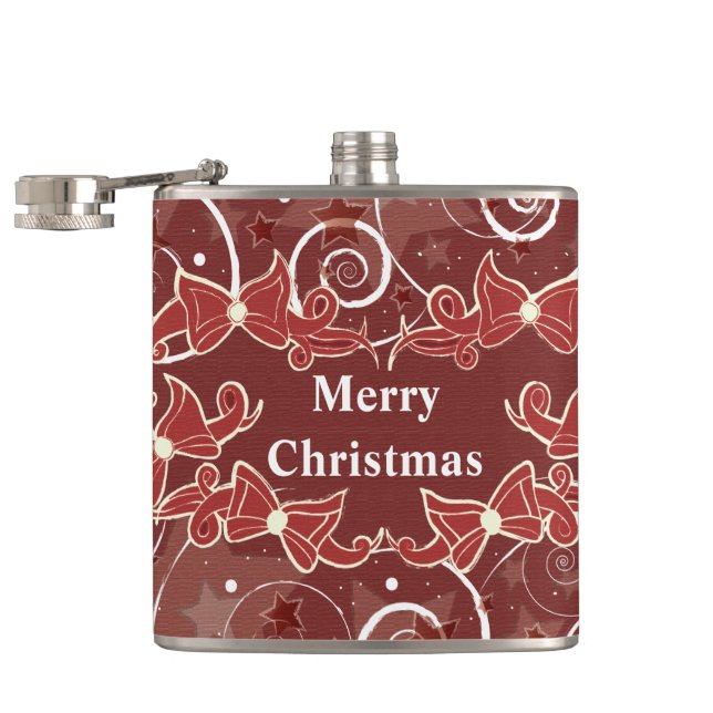 Merry Christmas wishes with bows and stars Hip Flask (Opened)