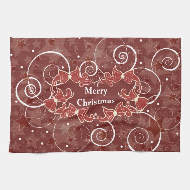 Merry Christmas wishes with bows and stars Tea Towel (Horizontal)