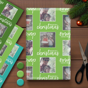 Merry Christmas with 2 Square Photos - blue green Wrapping Paper Sheet