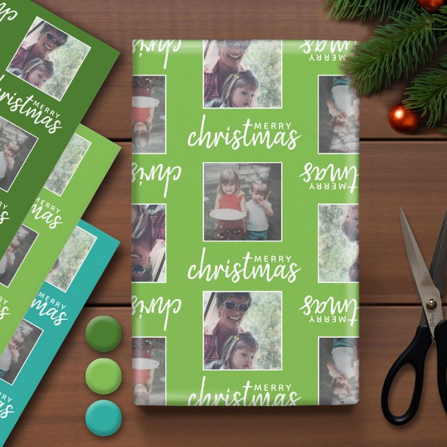 Merry Christmas with 2 Square Photos - blue green Wrapping Paper Sheet (Photo Wrapping Paper - Holiday and Christmas Theme)