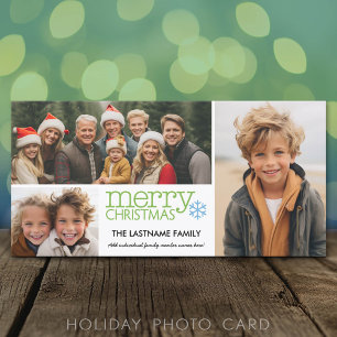 Merry Christmas with 3 photo collage - white green Holiday Card