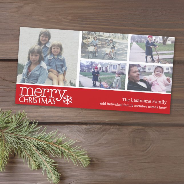 Merry Christmas with 5 photo collage - red chevron Holiday Card (Add 5 photos to this classic photo card that can be printed or sent out to friends and family.)