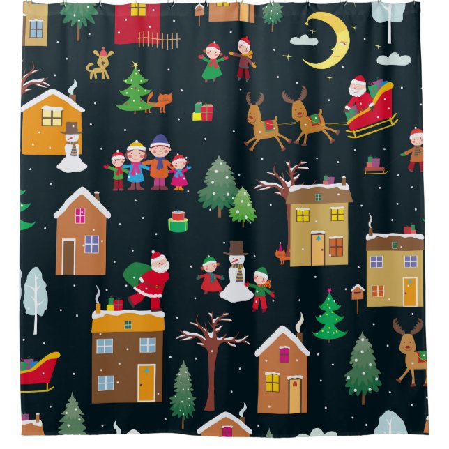 Merry Christmas with a cheerful family and snowy Shower Curtain (Front)