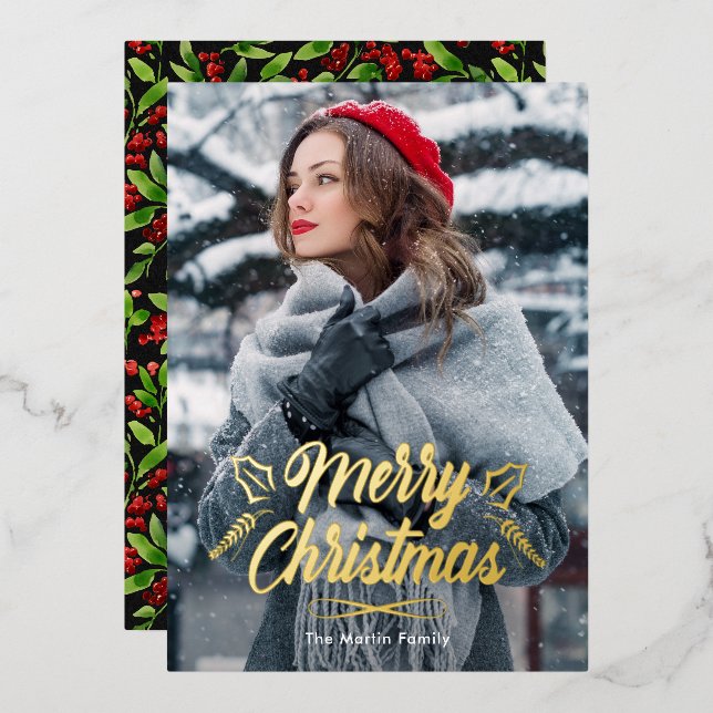 Merry Christmas with Black Botanical Print Photo (Front/Back)