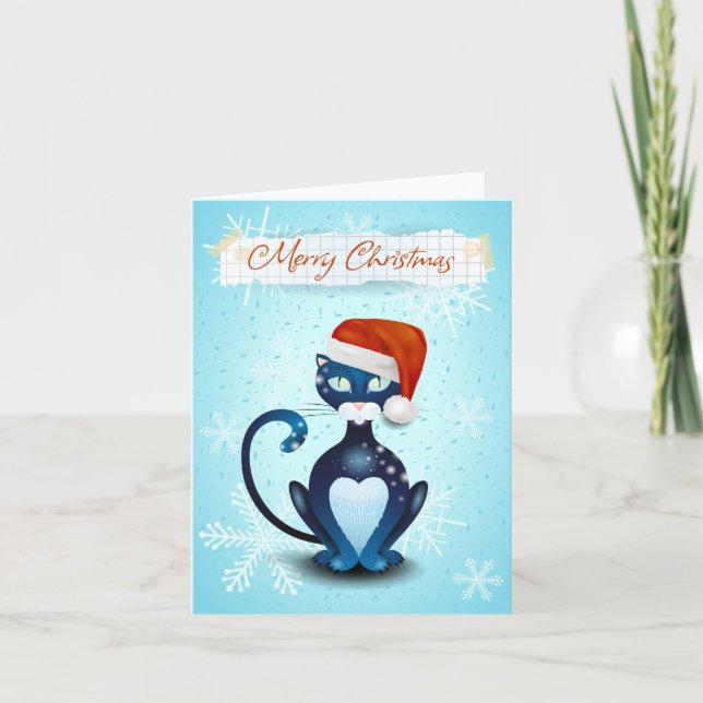 Merry Christmas with Black Cat with Santa's Hat Holiday Card (Front)