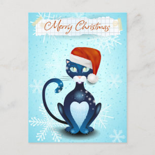 Merry Christmas with Black Cat with Santa's Hat Postcard