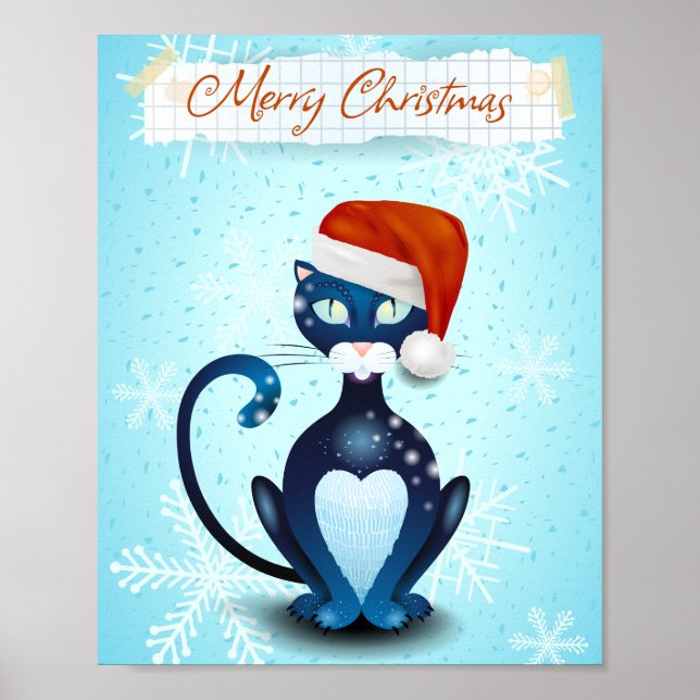 Merry Christmas with Black Cat with Santa's Hat Poster (Front)