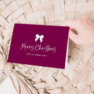 Merry Christmas with Bow   Burgundy Wine and White Holiday Card