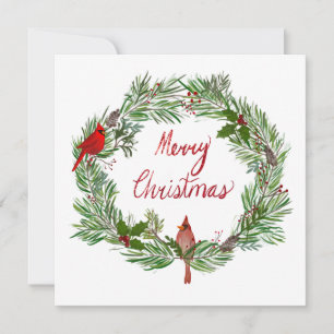 Merry Christmas With Cardinals In Wreath Holiday Card