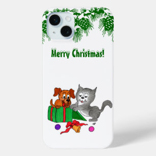 Merry Christmas with Cat and Puppy iPhone 15 Mini Case