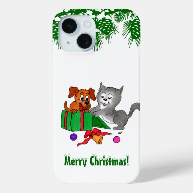 Merry Christmas with Cat and Puppy Case-Mate iPhone Case (Back)