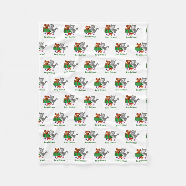 Merry Christmas with Cat and Puppy Fleece Blanket (Front)