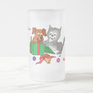 Merry Christmas with Cat and Puppy Frosted Glass Beer Mug