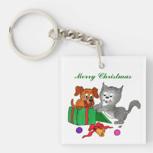 Merry Christmas with Cat and Puppy Key Ring