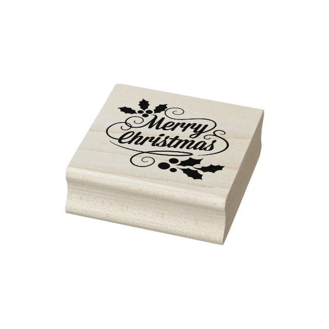 Merry Christmas with Christmas Holly Rubber Stamp (Stamp)