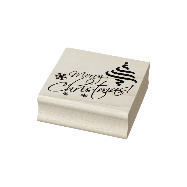 Merry Christmas with Christmas Tree and Snowflakes Rubber Stamp (Stamp)