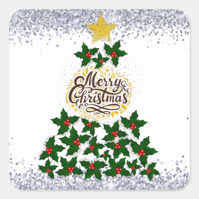 Merry Christmas with Christmas tree Square Sticker (Front)
