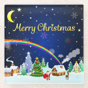 Merry Christmas with Crescent Moon Glass Coaster