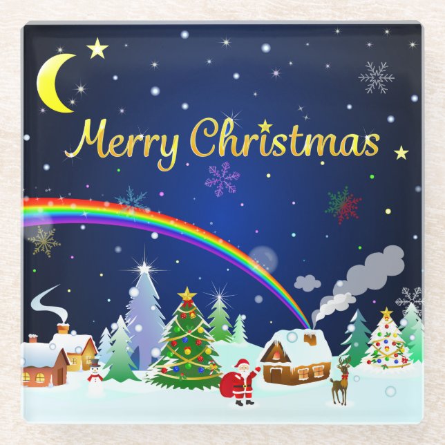 Merry Christmas with Crescent Moon Glass Coaster (Front)