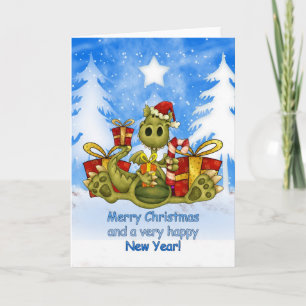 Merry Christmas With Cute Dragon Eating Candy Cane Holiday Card