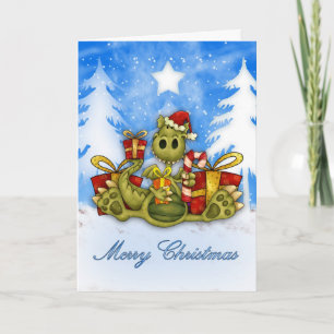Merry Christmas With Cute Dragon Eating Candy Cane Holiday Card