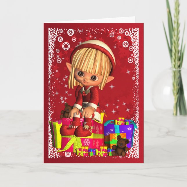 Merry Christmas With Cute Little Elf Holiday Card (Front)