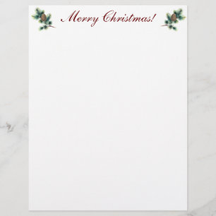 Merry Christmas with Evergreen Twigs and Cones Custom Letterhead