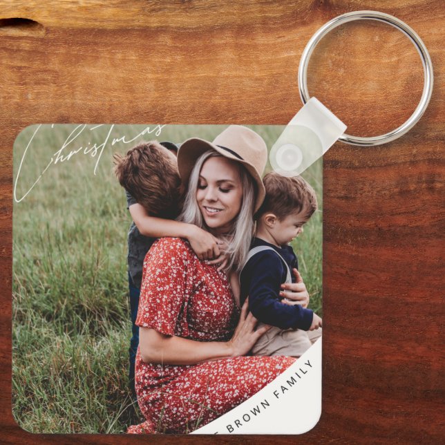 Merry Christmas with Family Metal Square Keychain (Back)