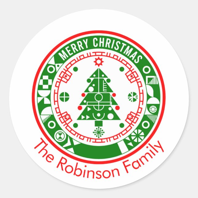 Merry Christmas with Family name Classic Round Sticker (Front)