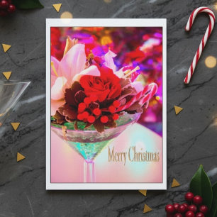 Merry Christmas With Flowers In Martini Glass Holiday Card