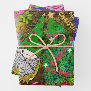 MERRY CHRISTMAS WITH GNOME XMAS TREE WRAPPING PAPER SHEET