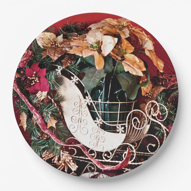 Merry Christmas with Gold Sleigh Paper Plate (Front)