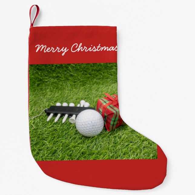 Merry Christmas  with golf and gift on green Small Christmas Stocking (Front)