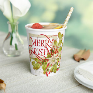 Merry Christmas with Green Florals Paper Cups