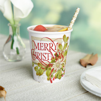 Merry Christmas with Green Florals Paper Cups