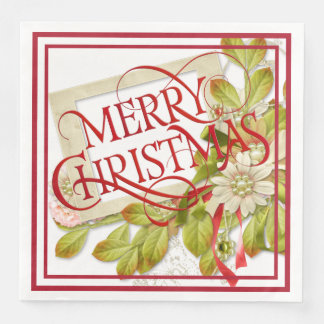 Merry Christmas with Green Florals Throw Pillow Napkin