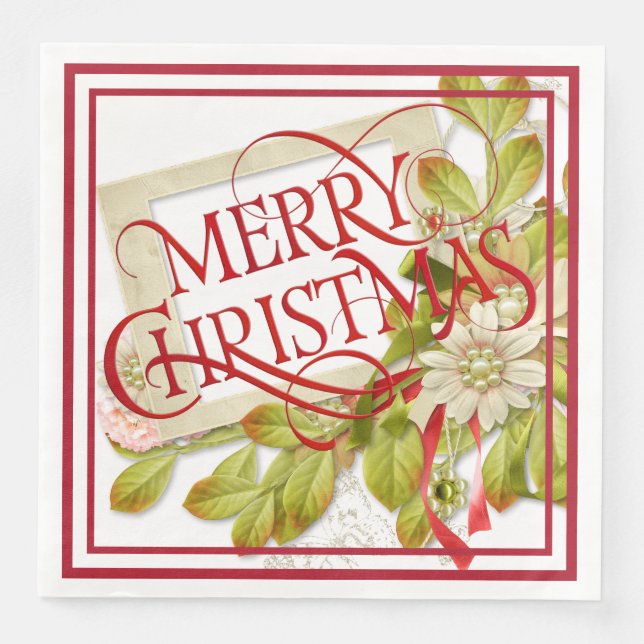 Merry Christmas with Green Florals Throw Pillow Napkin (Front)