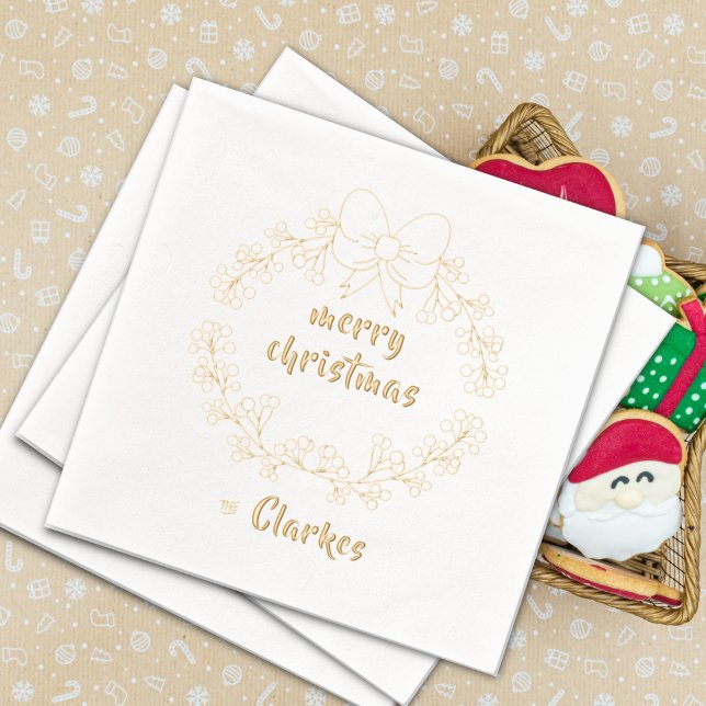 Merry Christmas with  Holly Berries Wreath Foil Napkins (Creator Uploaded)