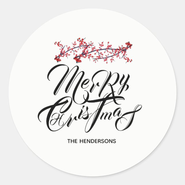 Merry Christmas with Holly - Classic Round Sticker (Front)